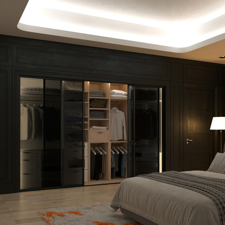 4 Panel Glass Room Divider and Sliding Glass Closet Doors - Smoked Frosted Partition Wall - Clear, Smoked and Frosted Glass Sliding Doors Options (Clear Glass, 96x80) – Atelier Mobili
