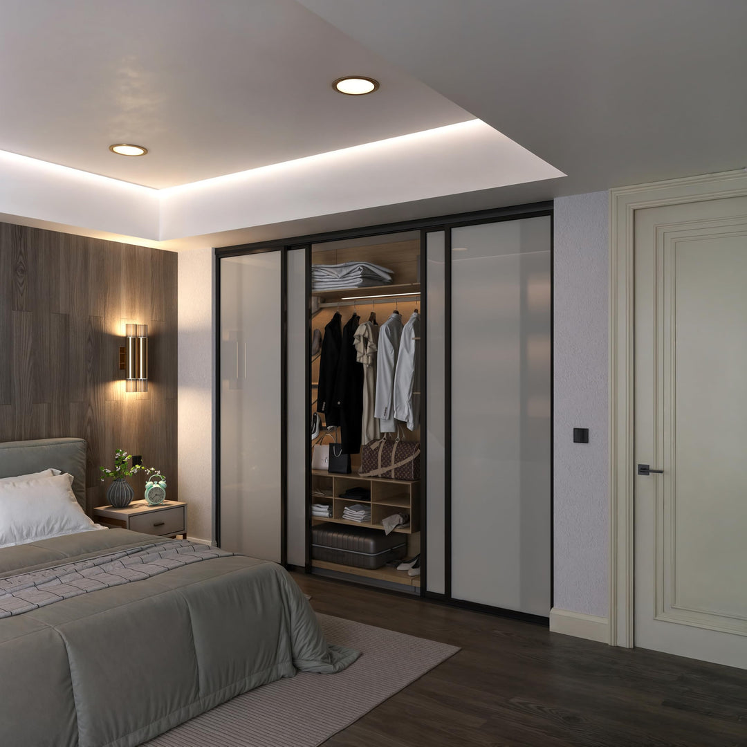 Door55 4 Panel Glass Sliding Closet Door, Black Matt Aluminum Frame