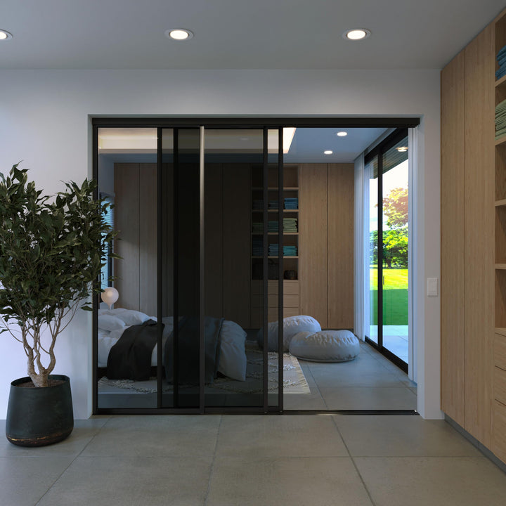 Glass Room Divider, Sliding Closet Door with 3 Glass Panels, Aluminum Frame with Clear, Smoked or Lite Smoked Color Options (Clear Glass, 72x96) – Atelier Mobili
