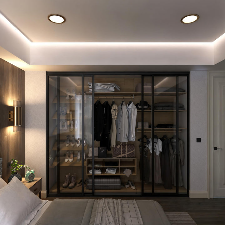 Door55 4 Panel Glass Sliding Closet Door, Black Matt Aluminum Frame