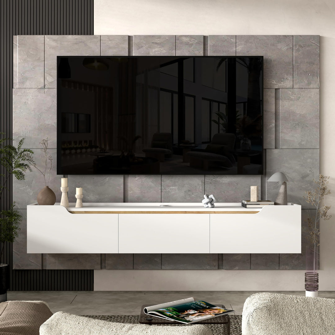 Atelier Mobili Floating TV Stand for Up to 80 Inch TVs – Wall Mounted Entertainment Center with Storage – Modern Floating Media Console with Cable Management – Oak/White Finishes (Oak)