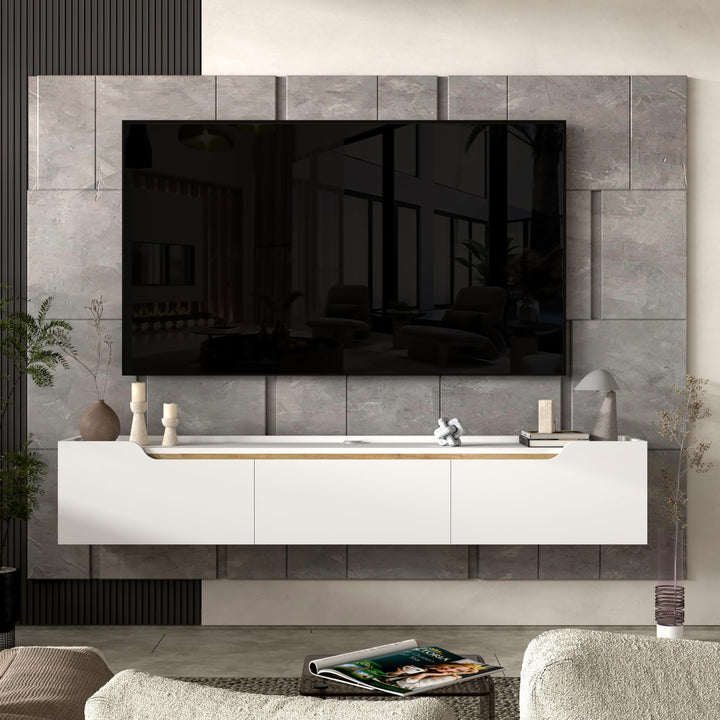 Atelier Mobili Floating TV Stand for Up to 80 Inch TVs – Wall Mounted Entertainment Center with Storage – Modern Floating Media Console with Cable Management – Oak/White Finishes (Oak)