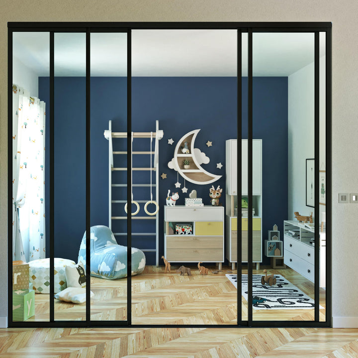 4 Panel Glass Room Divider and Sliding Glass Closet Doors - Smoked Frosted Partition Wall - Clear, Smoked and Frosted Glass Sliding Doors Options (Clear Glass, 96x80) – Atelier Mobili