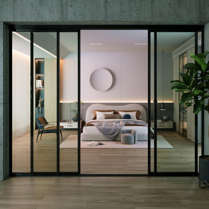 4 Panel Glass Room Divider and Sliding Glass Closet Doors - Smoked Frosted Partition Wall - Clear, Smoked and Frosted Glass Sliding Doors Options (Clear Glass, 96x80) – Atelier Mobili