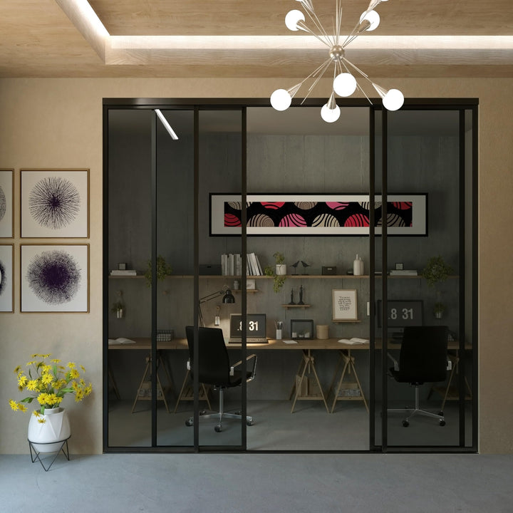 4 Panel Glass Room Divider and Sliding Glass Closet Doors - Smoked Frosted Partition Wall - Clear, Smoked and Frosted Glass Sliding Doors Options (Clear Glass, 96x80) – Atelier Mobili