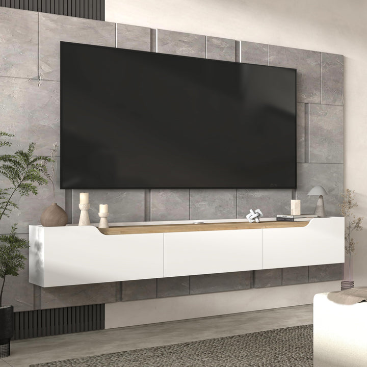 Atelier Mobili Floating TV Stand for Up to 80 Inch TVs – Wall Mounted Entertainment Center with Storage – Modern Floating Media Console with Cable Management – Oak/White Finishes (Oak)