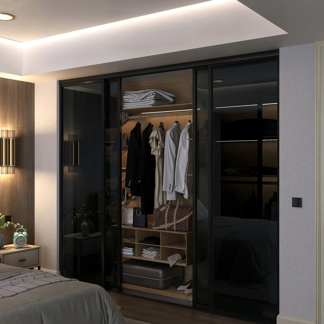 Door55 4 Panel Glass Sliding Closet Door, Black Matt Aluminum Frame