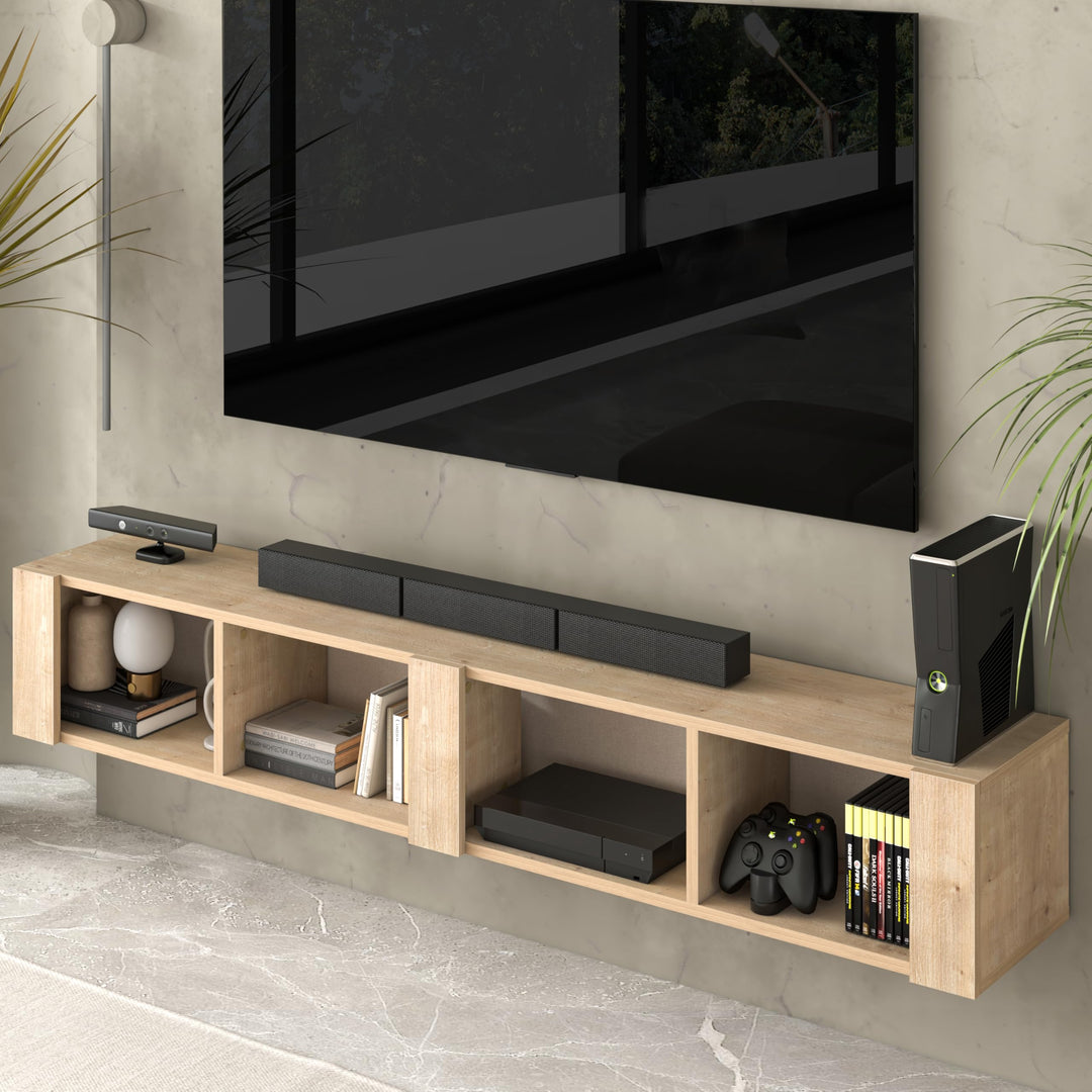 Atelier Mobili Floating TV Stand for 75 Inch TVs – Wall Mounted Entertainment Center with Open Storage Shelves – Modern Floating TV Console for Living Room & Bedroom – Oak and Walnut Finish (Oak)