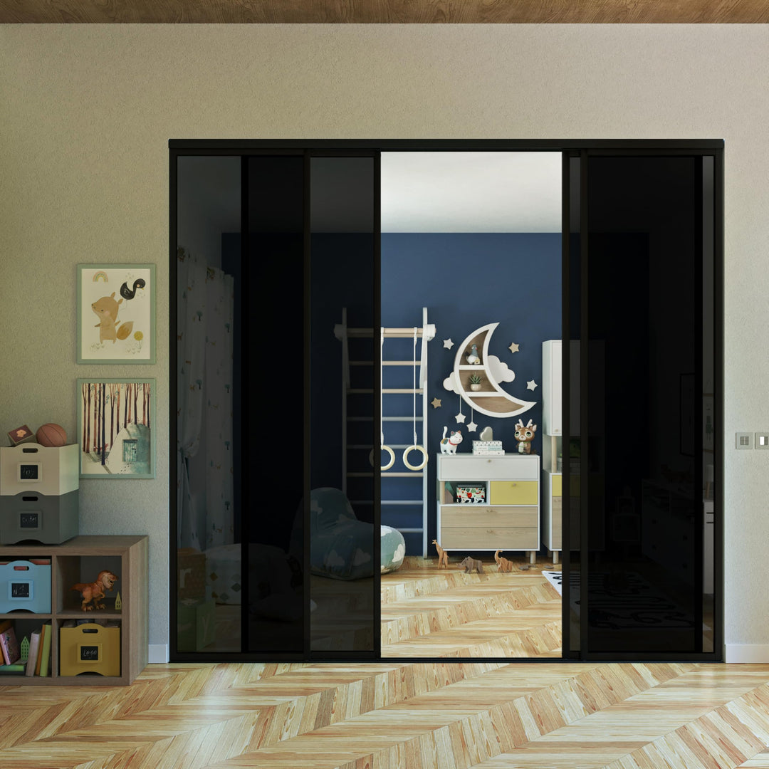 4 Panel Glass Room Divider and Sliding Glass Closet Doors - Smoked Frosted Partition Wall - Clear, Smoked and Frosted Glass Sliding Doors Options (Clear Glass, 96x80) – Atelier Mobili