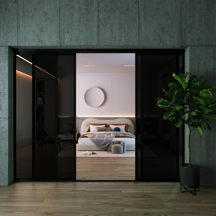 4 Panel Glass Room Divider and Sliding Glass Closet Doors - Smoked Frosted Partition Wall - Clear, Smoked and Frosted Glass Sliding Doors Options (Clear Glass, 96x80) – Atelier Mobili