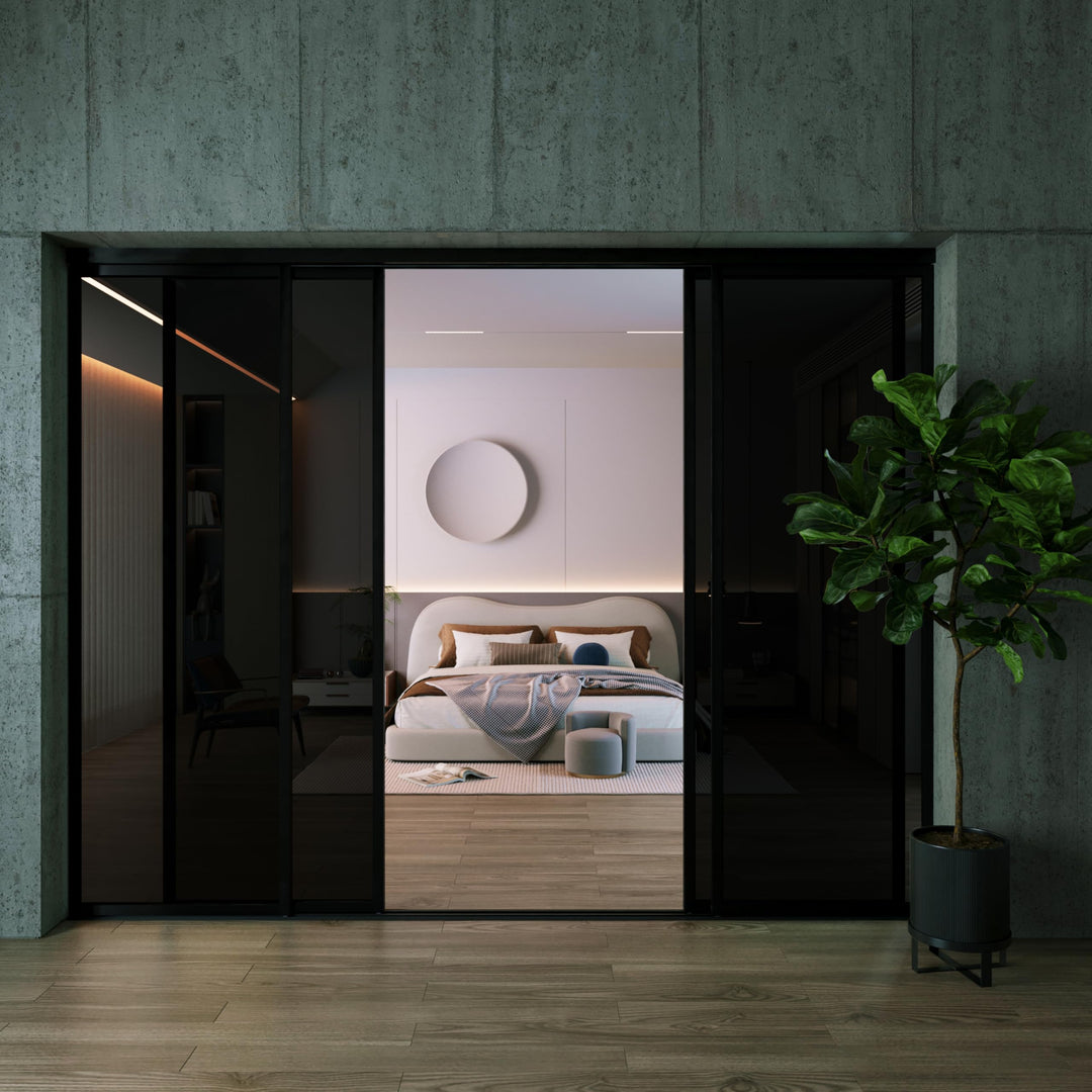 4 Panel Glass Room Divider and Sliding Glass Closet Doors - Smoked Frosted Partition Wall - Clear, Smoked and Frosted Glass Sliding Doors Options (Clear Glass, 96x80) – Atelier Mobili