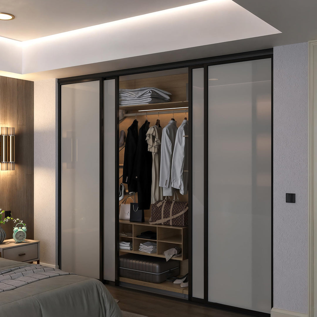 Door55 4 Panel Glass Sliding Closet Door, Black Matt Aluminum Frame