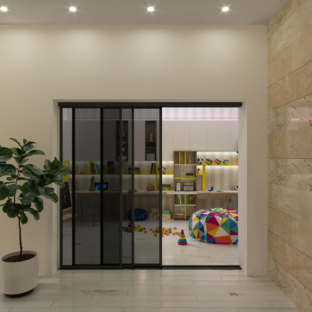 Glass Room Divider, Sliding Closet Door with 3 Glass Panels, Aluminum Frame with Clear, Smoked or Lite Smoked Color Options (Clear Glass, 72x96) – Atelier Mobili