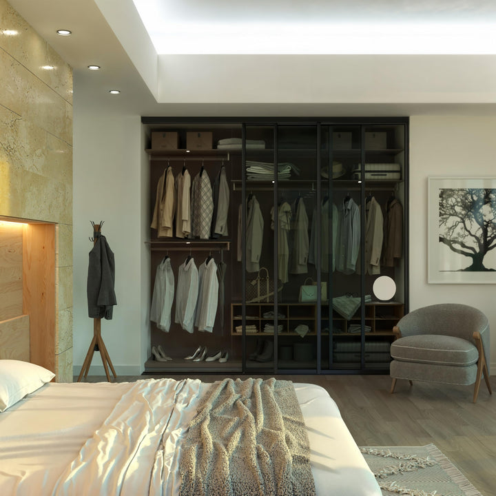 Glass Room Divider, Sliding Closet Door with 3 Glass Panels, Aluminum Frame with Clear, Smoked or Lite Smoked Color Options (Clear Glass, 72x96) – Atelier Mobili