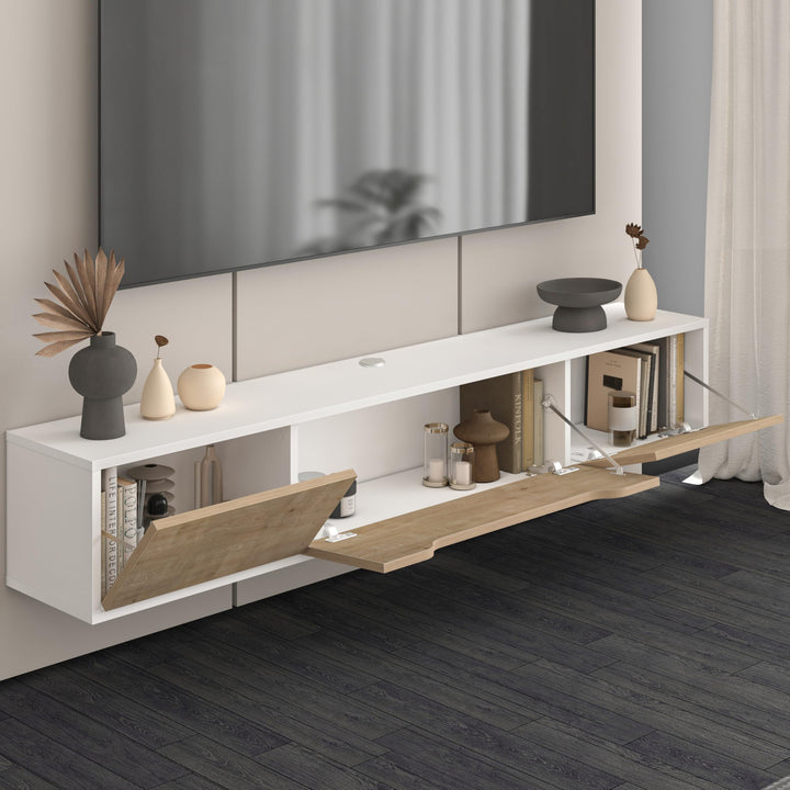 Atelier Mobili Floating TV Stand for Up to 80 Inch TVs – Wall Mounted Media Console with Handle-Free Doors – Modern Entertainment Center with Hidden Storage – White and Oak Finishes (Oak/White)