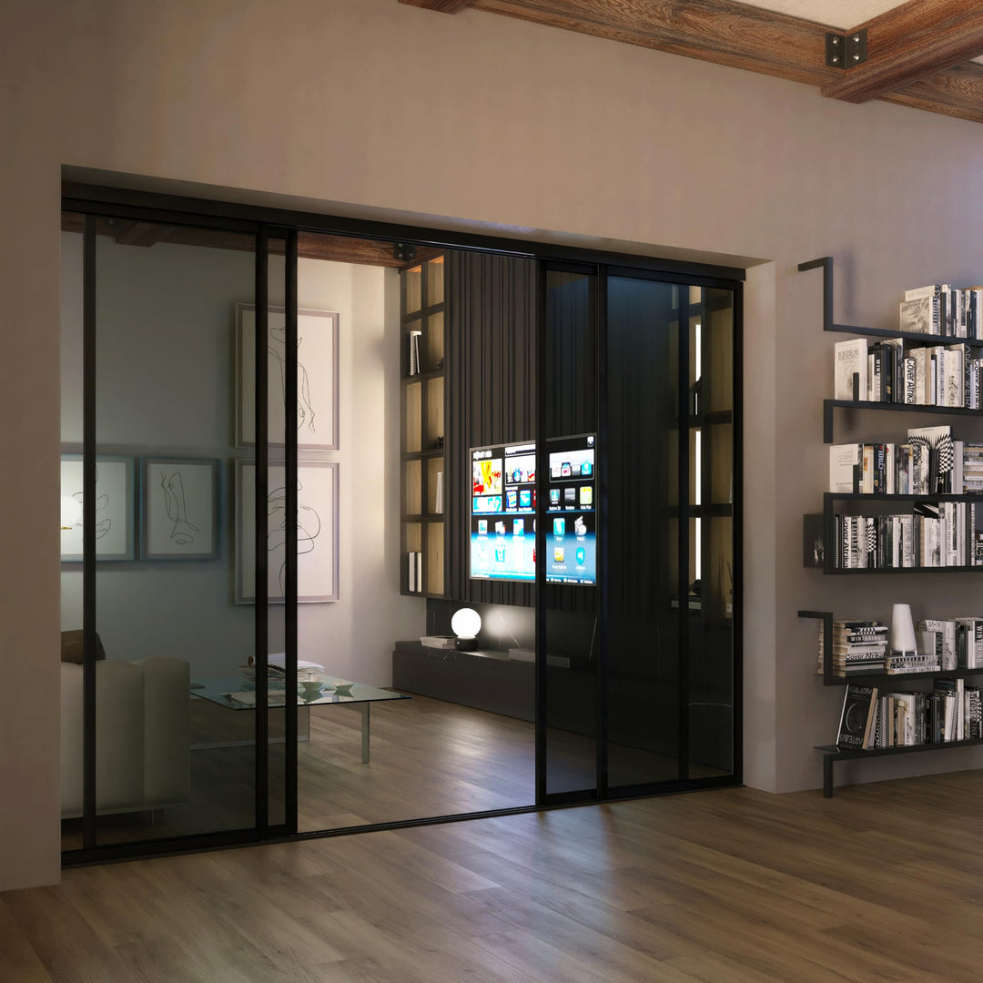 4 Panel Glass Room Divider and Sliding Glass Closet Doors - Smoked Frosted Partition Wall - Clear, Smoked and Frosted Glass Sliding Doors Options (Clear Glass, 96x80) – Atelier Mobili