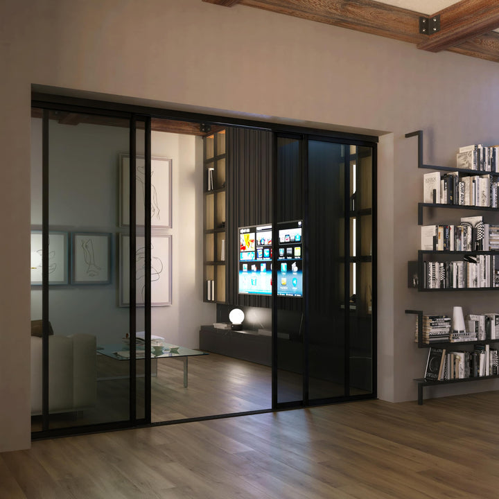 4 Panel Glass Room Divider and Sliding Glass Closet Doors - Smoked Frosted Partition Wall - Clear, Smoked and Frosted Glass Sliding Doors Options (Clear Glass, 96x80) – Atelier Mobili