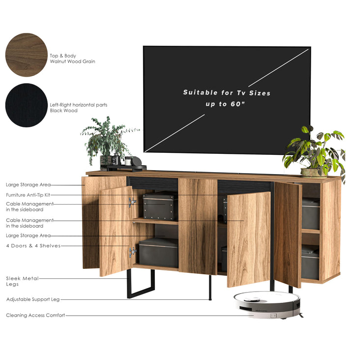 Atelier Mobili Modern TV Stand and Media Console, Entertainment Center, Adjustable Shelves, Solid Eng Wood, Metal Legs, Large Storage, TV Stand for 75 inch TV, TV Stand 65 inch (63 x 32 Inches)