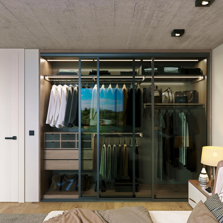 Door55 3 Panel Glass Sliding Closet Door, Black Matt Aluminum Frame