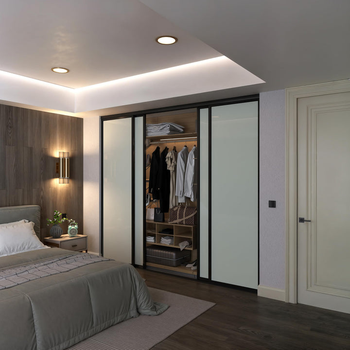Door55 4 Panel Glass Sliding Closet Door, Black Matt Aluminum Frame