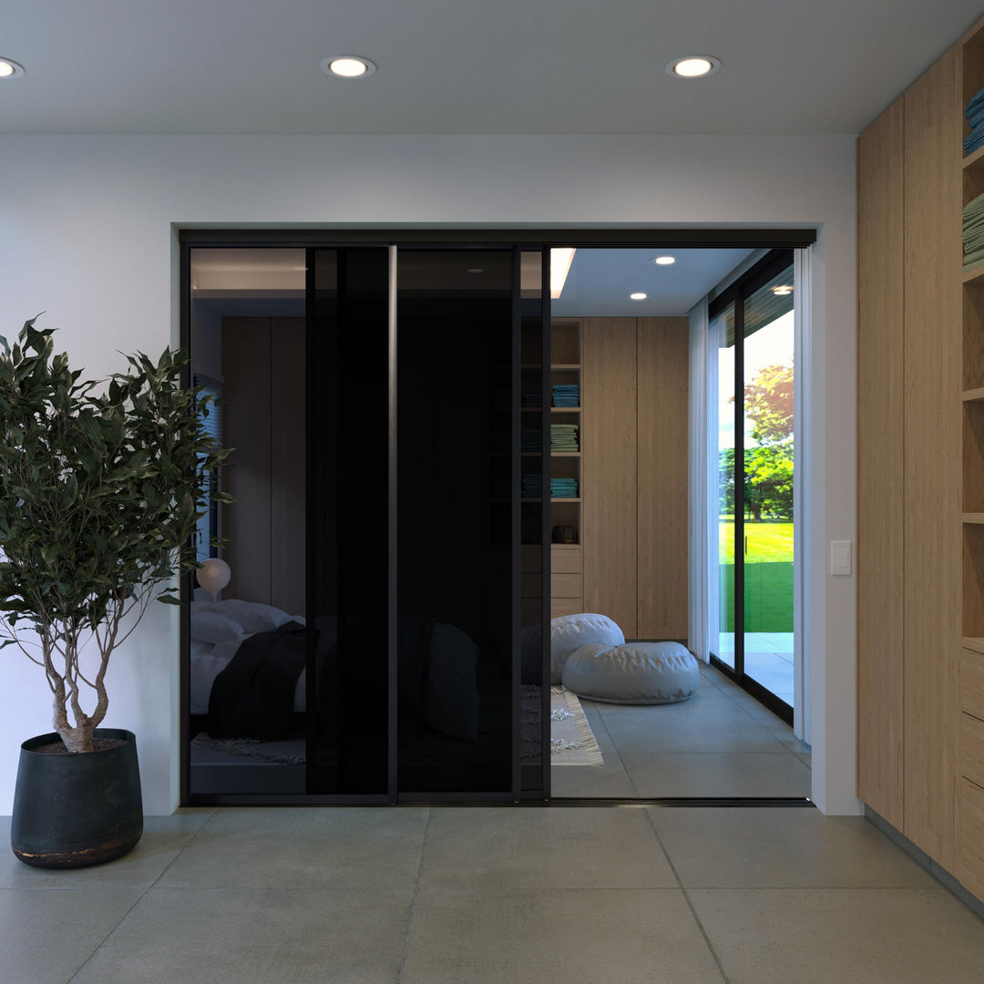 Glass Room Divider, Sliding Closet Door with 3 Glass Panels, Aluminum Frame with Clear, Smoked or Lite Smoked Color Options (Clear Glass, 72x96) – Atelier Mobili