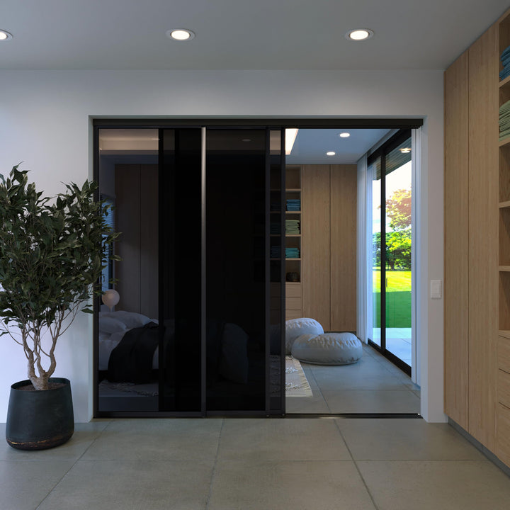 Glass Room Divider, Sliding Closet Door with 3 Glass Panels, Aluminum Frame with Clear, Smoked or Lite Smoked Color Options (Clear Glass, 72x96) – Atelier Mobili