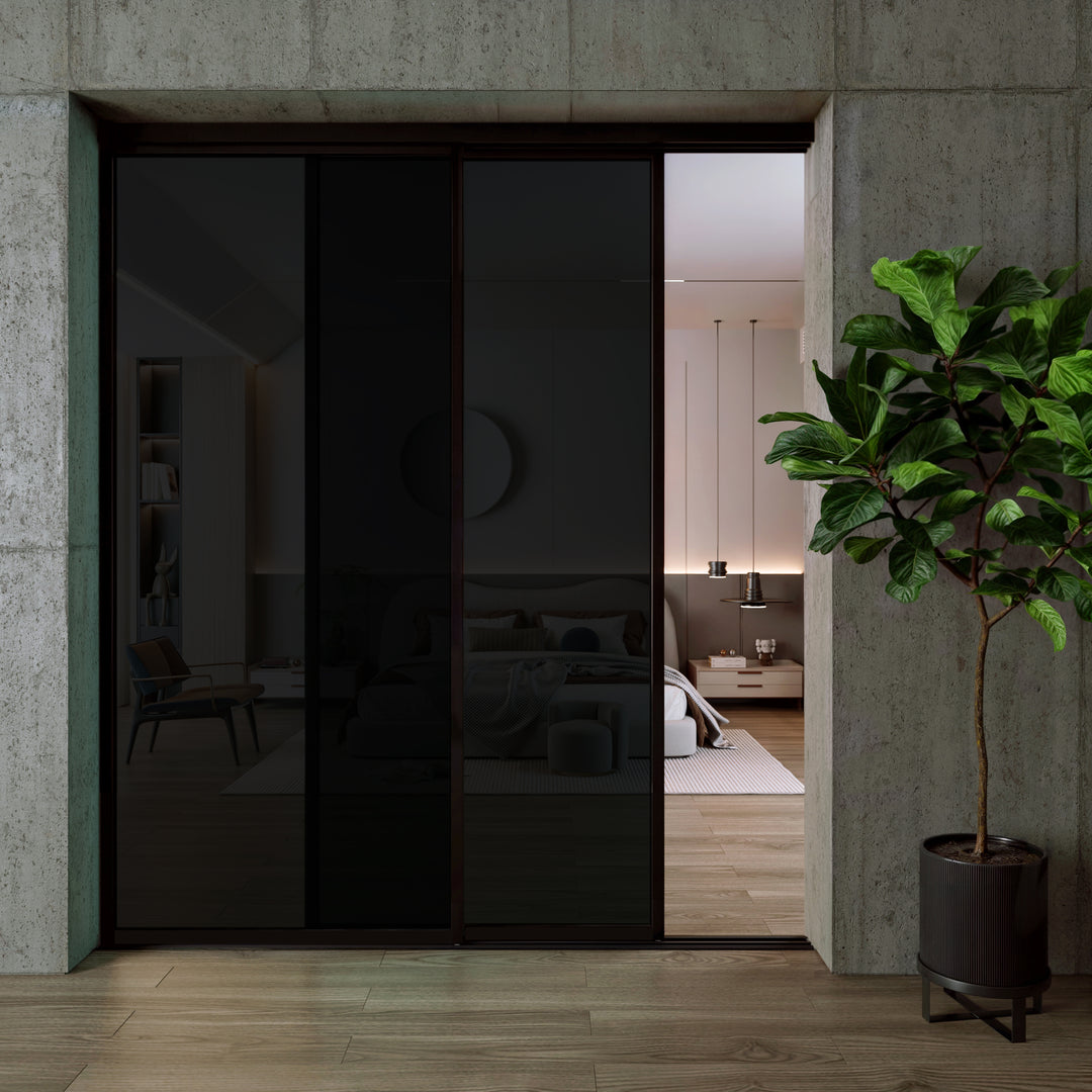 2 Panel Smoked Glass Sliding Closet Door – Aluminum Frame Room Divider, Modern Interior Sliding Door for Closet, Pantry, Bedroom & Office Spaces