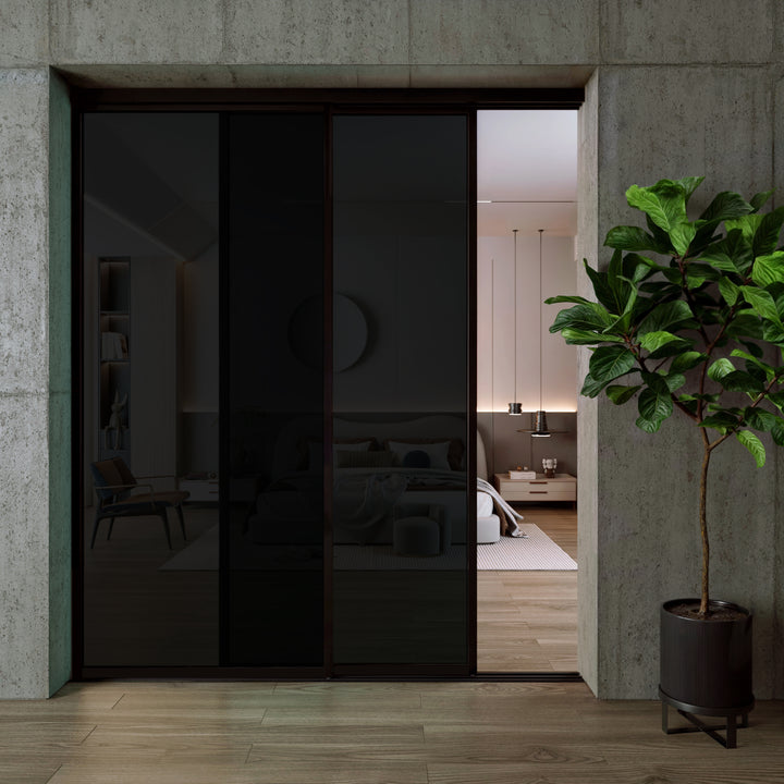 2 Panel Smoked Glass Sliding Closet Door – Aluminum Frame Room Divider, Modern Interior Sliding Door for Closet, Pantry, Bedroom & Office Spaces