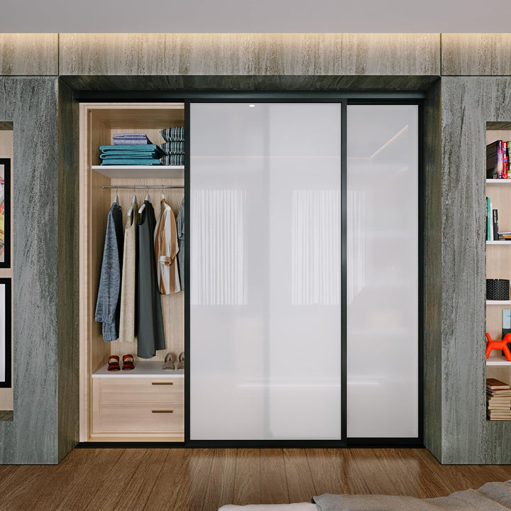 Door55 2 Panel Glass Sliding Closet Door, Black Matt Aluminum Frame