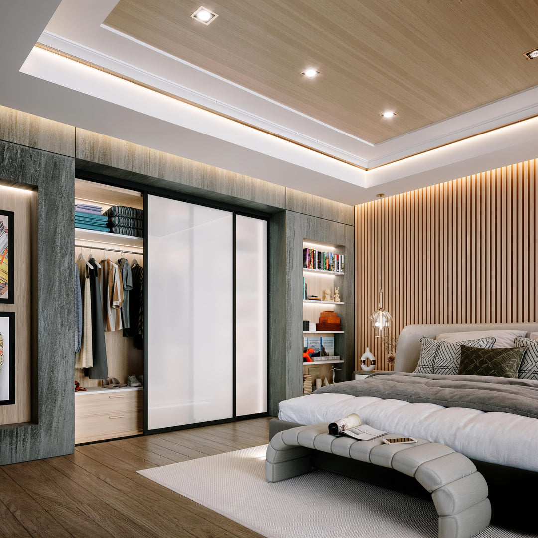 Door55 2 Panel Glass Sliding Closet Door, Black Matt Aluminum Frame