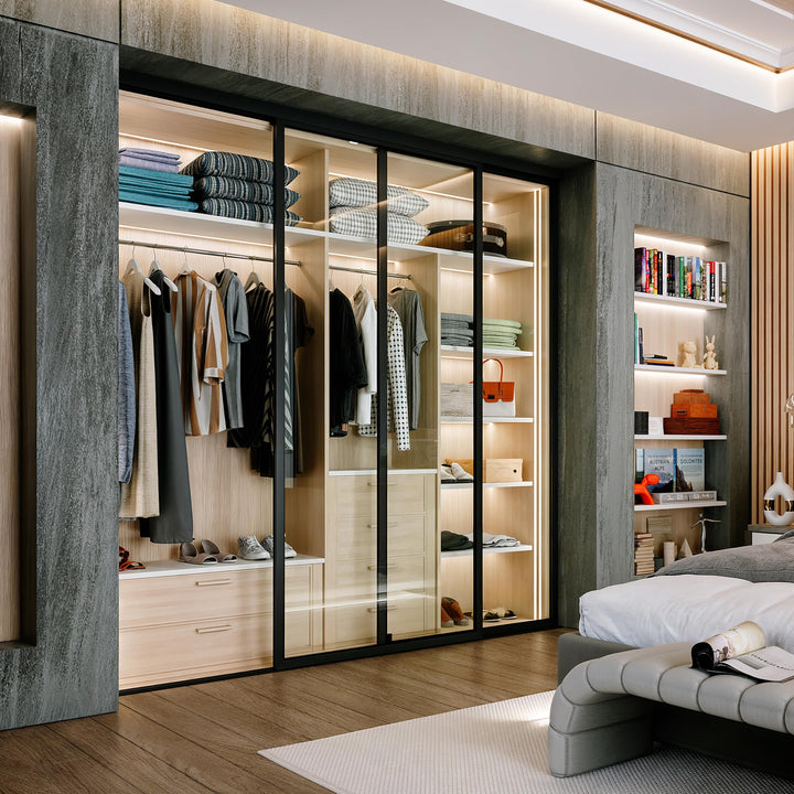 Door55 2 Panel Glass Sliding Closet Door, Black Matt Aluminum Frame
