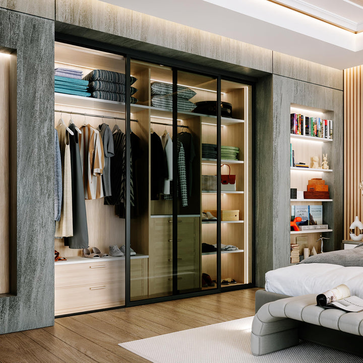 Door55 2 Panel Glass Sliding Closet Door, Black Matt Aluminum Frame