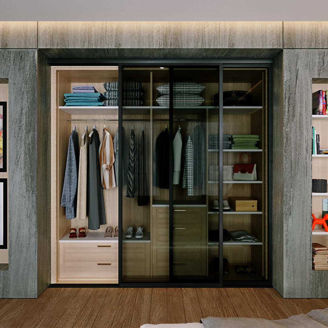 Door55 2 Panel Glass Sliding Closet Door, Black Matt Aluminum Frame
