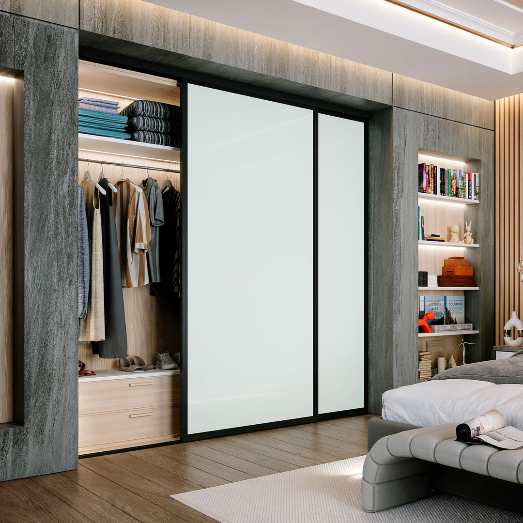 Door55 2 Panel Glass Sliding Closet Door, Black Matt Aluminum Frame