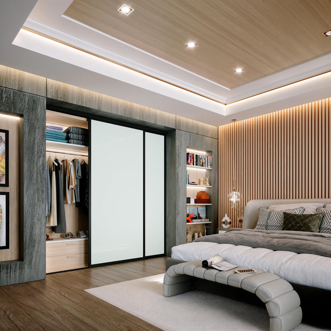 Door55 2 Panel Glass Sliding Closet Door, Black Matt Aluminum Frame