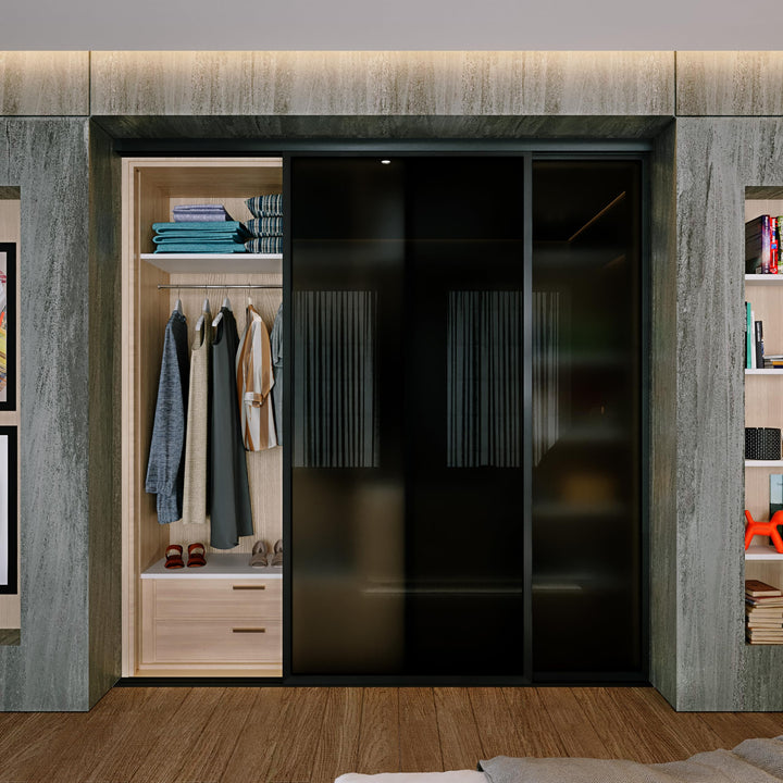 Door55 2 Panel Glass Sliding Closet Door, Black Matt Aluminum Frame