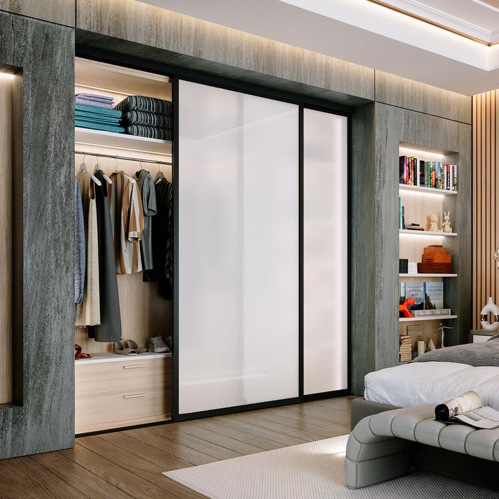 Door55 2 Panel Glass Sliding Closet Door, Black Matt Aluminum Frame