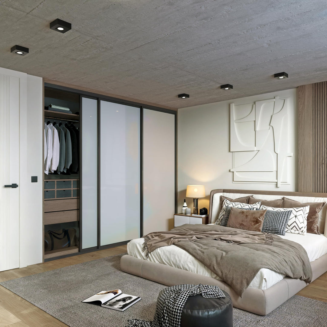 Door55 3 Panel Glass Sliding Closet Door, Black Matt Aluminum Frame