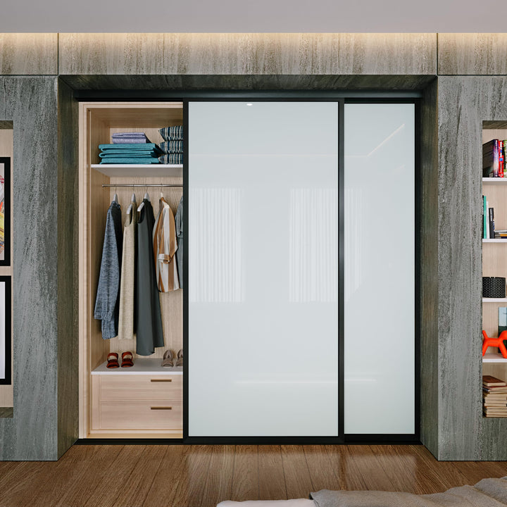 Door55 2 Panel Glass Sliding Closet Door, Black Matt Aluminum Frame