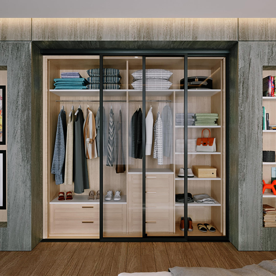 Door55 2 Panel Glass Sliding Closet Door, Black Matt Aluminum Frame