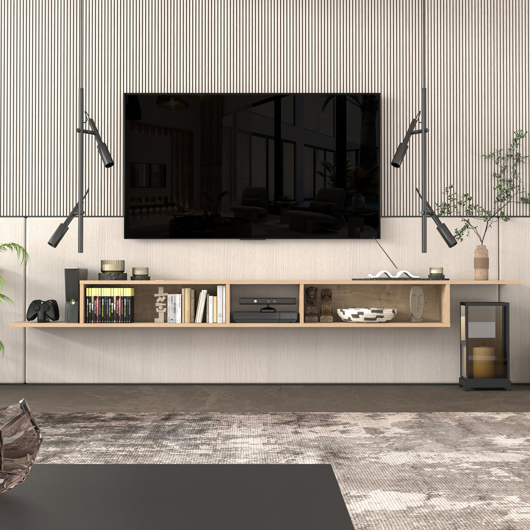 Gaia floating TV stand double 100 inch Oak – modular open shelf