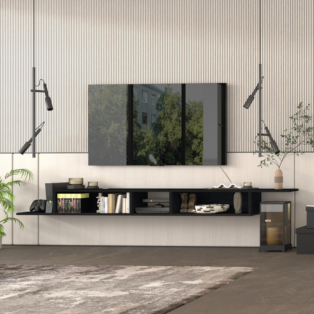 Gaia floating TV stand double 100 inch Black – seamless wall installation