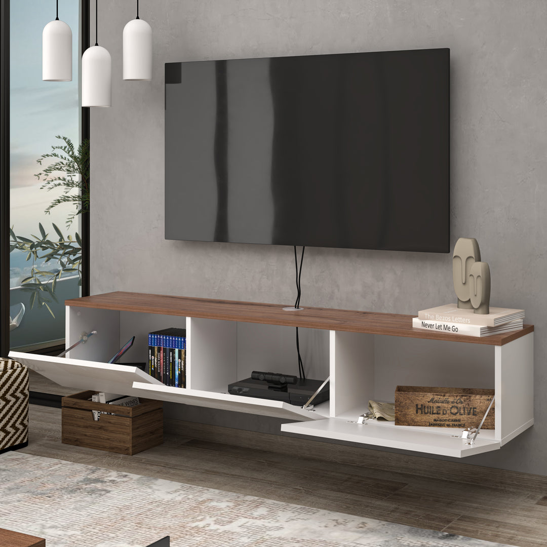 Country Oak and Glossy White Floating TV Console in Contemporary Living Room