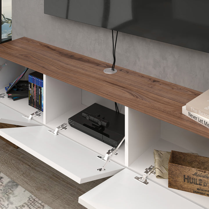 Elegant Detail of Country Oak and Glossy White Floating Entertainment Center