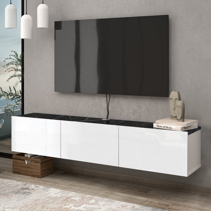 Luxurious Black Marble and Glossy White Floating TV Stand for Elegant Interiors