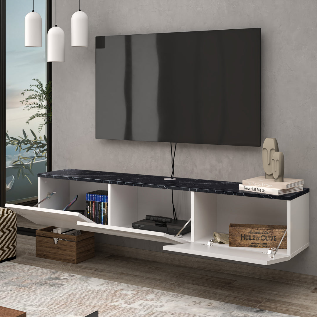 Black Marble and Glossy White TV Stand in Sleek Living Room Setting