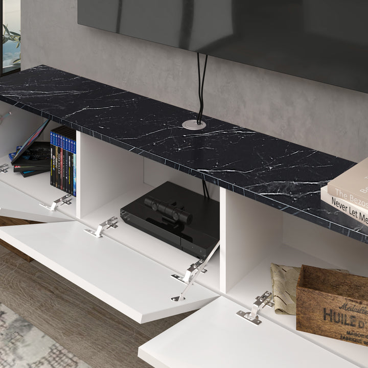 Detail of Black Marble and Glossy White Surface on Floating TV Console