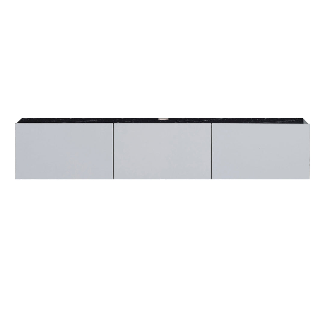 Side View Showing Black Marble and Glossy White Finish on TV Stand