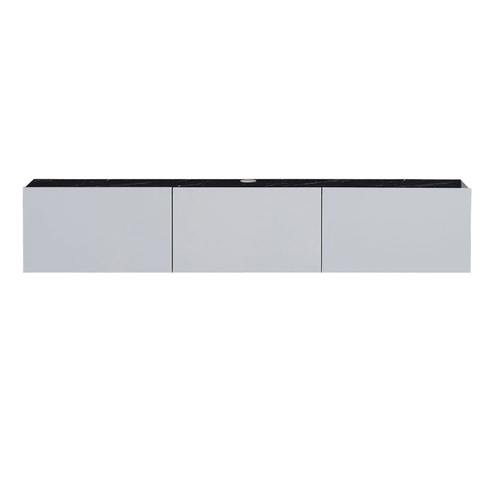 Side View Showing Black Marble and Glossy White Finish on TV Stand