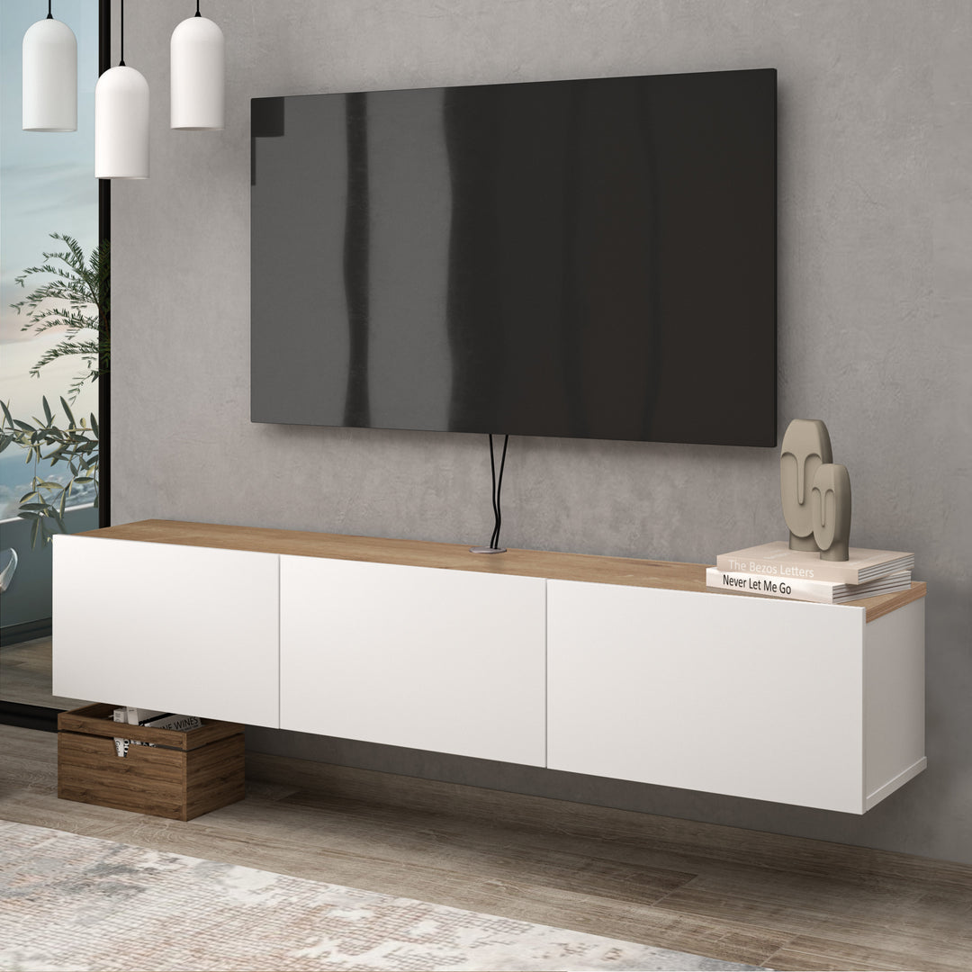 Atelier Mobili Floating TV Stand in Classic White and Oak for Chic Living Spaces